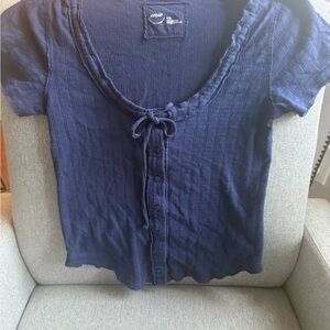 aerie Navy Ribbed Tie-Front Button-Down Short Sleeve Top